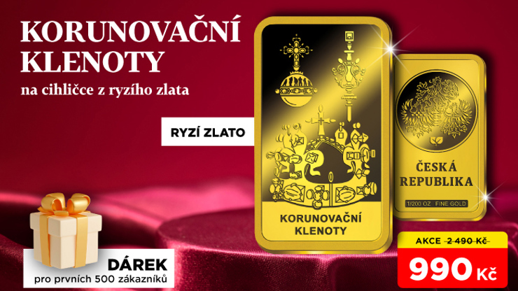 Korunovační klenoty na cihličce z ryzího zlata za 990 Kč. Mimořádná příležitost pro každého