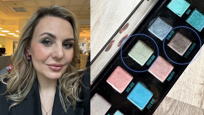 Třpyt na očích mám ráda, takže přidávám tip i na paletku od Kylie Cosmetics, která oslavuje 10 let značky a barvy v paletce jsou spojené s různými parukami, které Kylie Jenner před lety nosívala. Na snímku vidíte zakroužkované stíny, které mám na fotce na očích. 