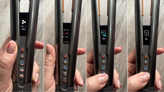 Nastavíte si teplotu, inteznizu a také, zda vlasy upravujete mokré, nebo suché. Je tu i možnost jen chladného vzduchu. 