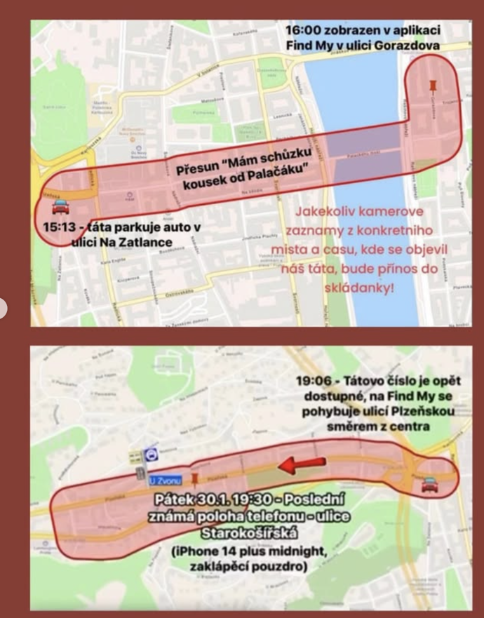 Dcera zveřejnila mapku, kde se naposledy vyskytoval. 