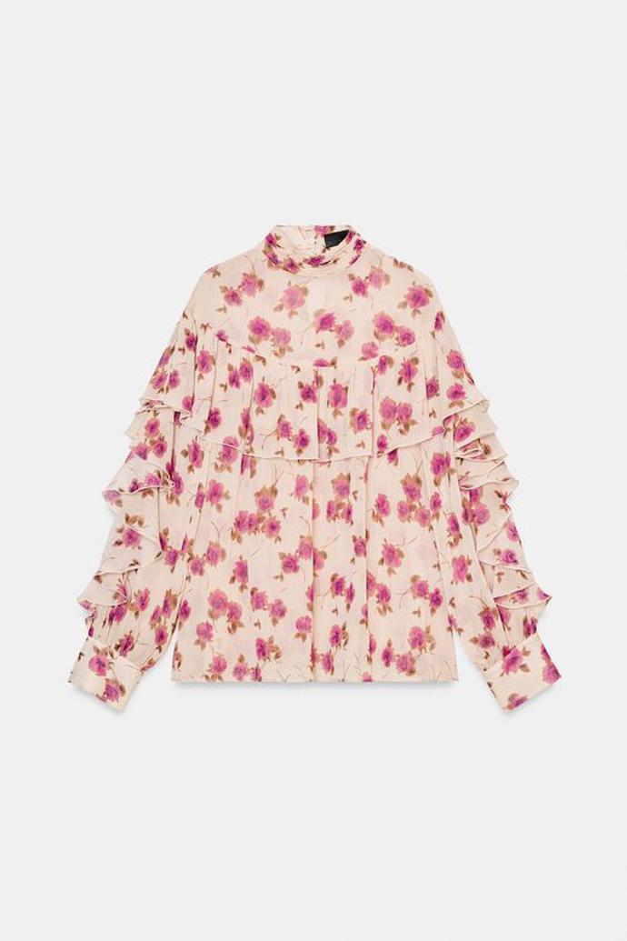 Blůza s květinovým potiskem a volány, Zara, 849 Kč