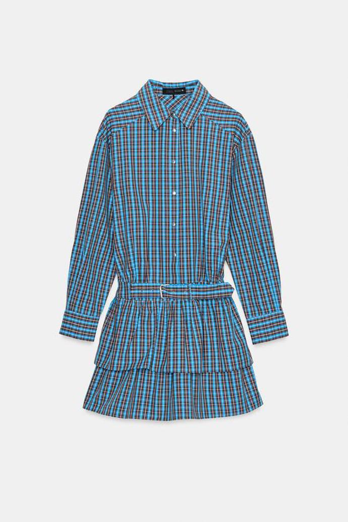 Krátké kostkované šaty s volánky a páskem, Zara, 999 Kč