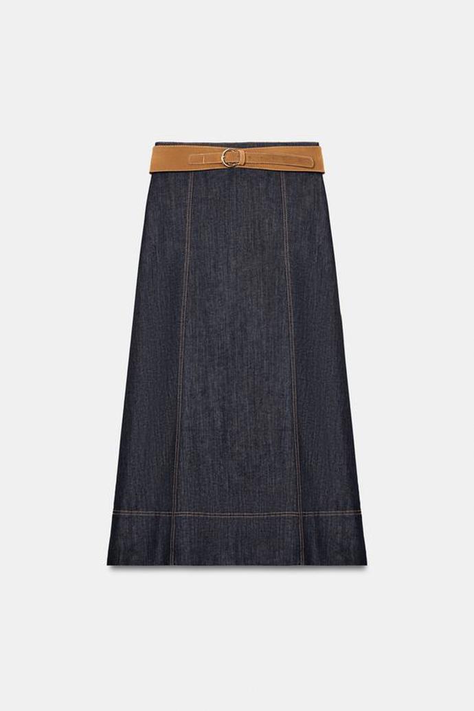Midi džínová sukně s páskem, Zara, 999 Kč