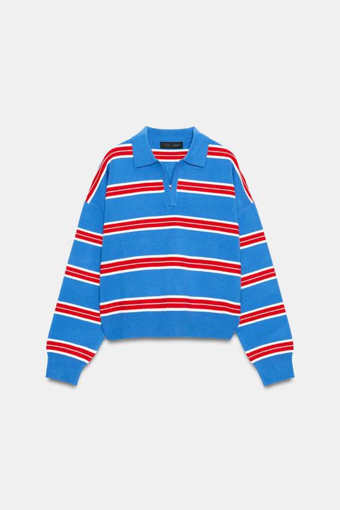 Proužkovaný úpletový svetr s polo límečkem, Zara, 849 Kč