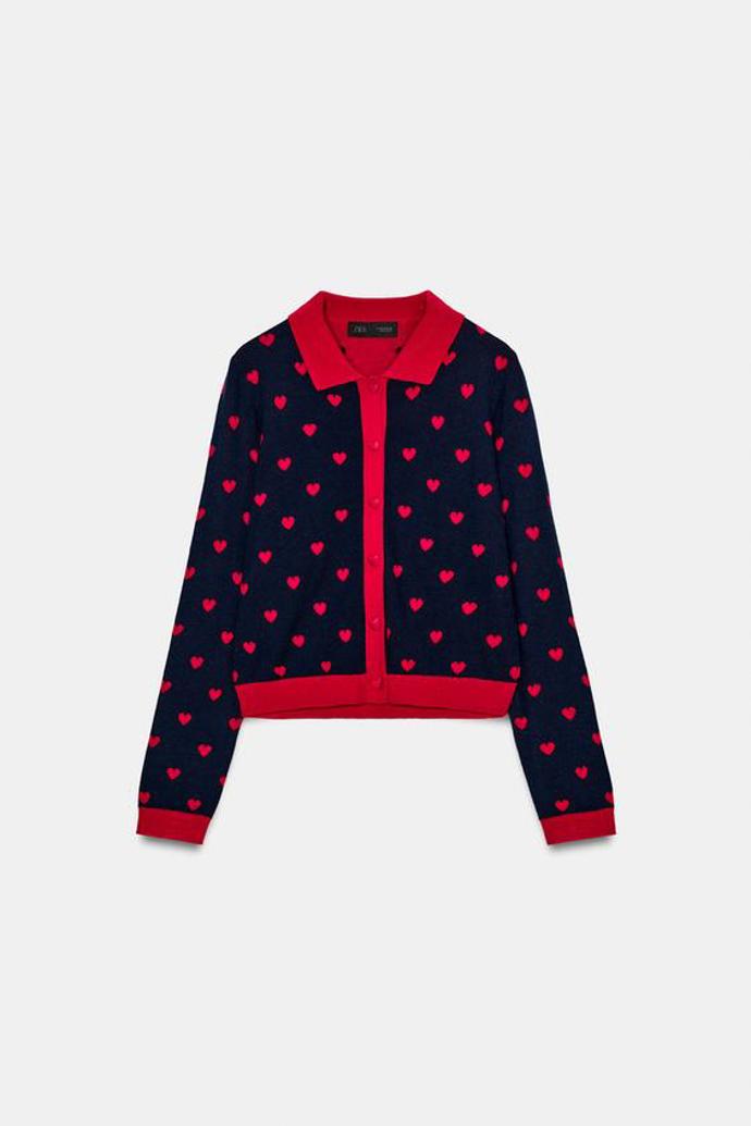 Žakárový úpletový kardigan se srdíčky, Zara, 699 Kč