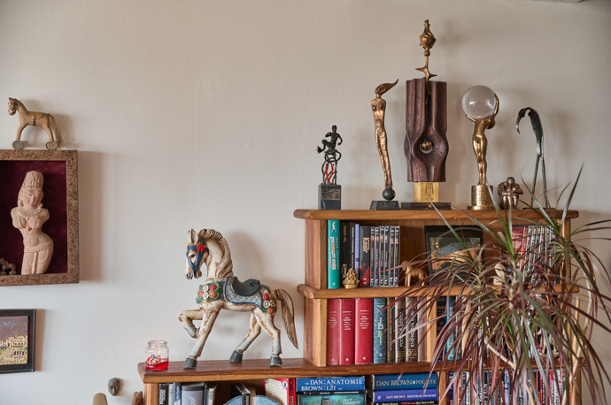 Knihovna s díly klasiků, cenami režiséra Juraje Herze a koníkem z kokosového dřeva