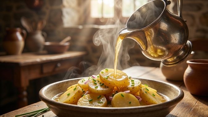 Zapomeňte na majonézu: Trik s horkým vývarem udělá z bramborového salátu lahůdku