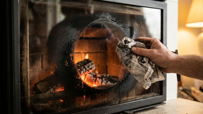 Sbohem drahé spreje na krb: Starý trik s popelem a novinami vyčistí sklo zadarmo