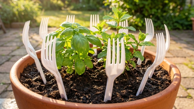 Ochrana bylinek v květináči: Trik s plastovými vidličkami proti škůdcům