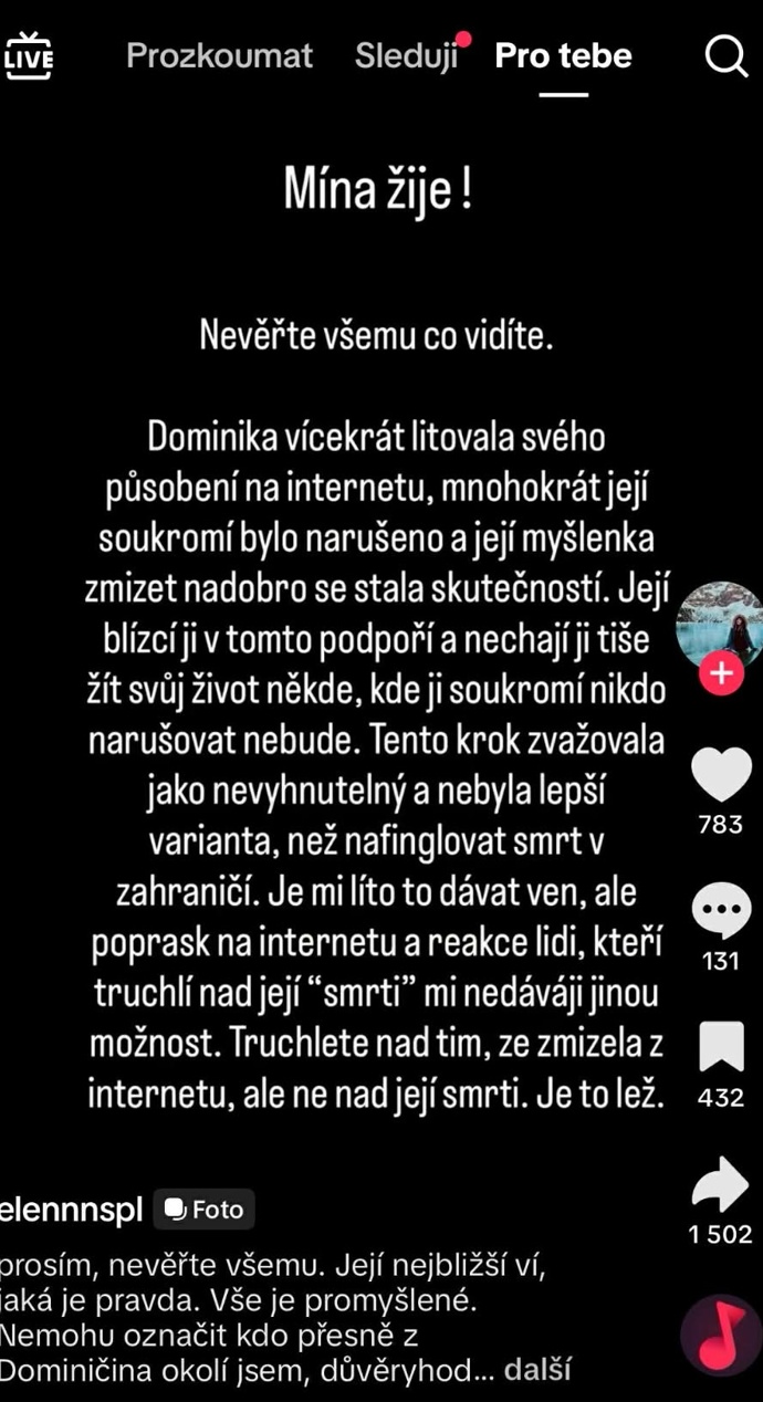 Zesnulá Dominika Elischerová se stala terčem nechutného útoku. 