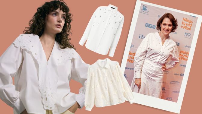 Bílá košile letos povýšila: Milovnice trendů si zamilují obří límce, parádnice ocení třpytivé aplikace