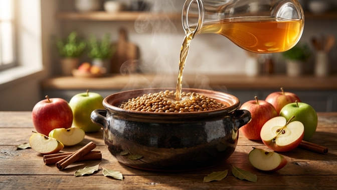 Vyměňte v čočce ocet za sklenici jablečného moštu: Tato změna v hrnci vymaže zemitou pachuť a dodá luštěninám lehkost