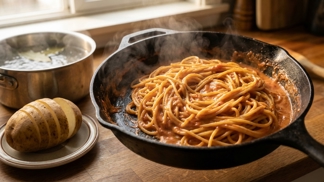 Zastavte věčné stékání omáčky na dno talíře: Jeden plátek syrové brambory v hrnci vytvoří neviditelný magnet, který k těstovinám přiková i ten nejjemnější základ