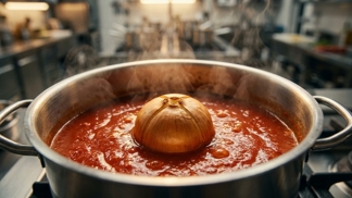 Už žádný bílý cukr v rajské omáčce: Jedna celá neloupaná cibule v hrnci vytáhne kyselost a zajistí sametovou jemnost