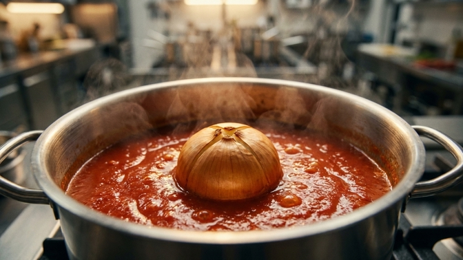 Už žádný cukr v rajské omáčce: Jedna neloupaná cibule v hrnci vytáhne kyselost a zajistí sametovou jemnost
