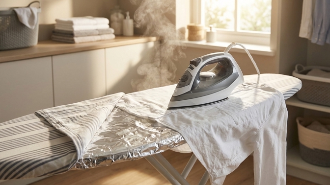 Jak žehlit prádlo z obou stran najednou? Vyzkoušejte trik s alobalem