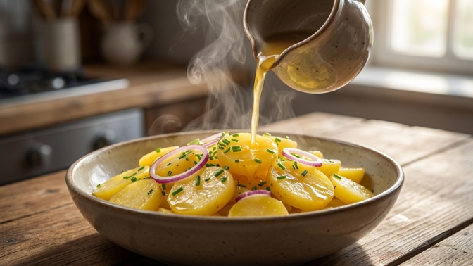 Bramborový salát s vývarem: Recept na vláčnou chuť i bez majonézy