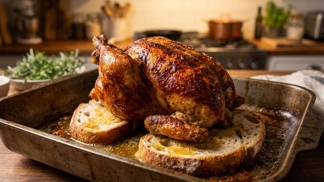 Tchyně dává pod pečené kuře dva staré krajíce chleba: Až po letech jsem pochopila tento geniální trik na tu nejkřupavější kůži