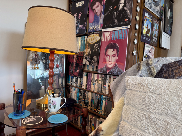 Zátiší s lampou a knihovnou