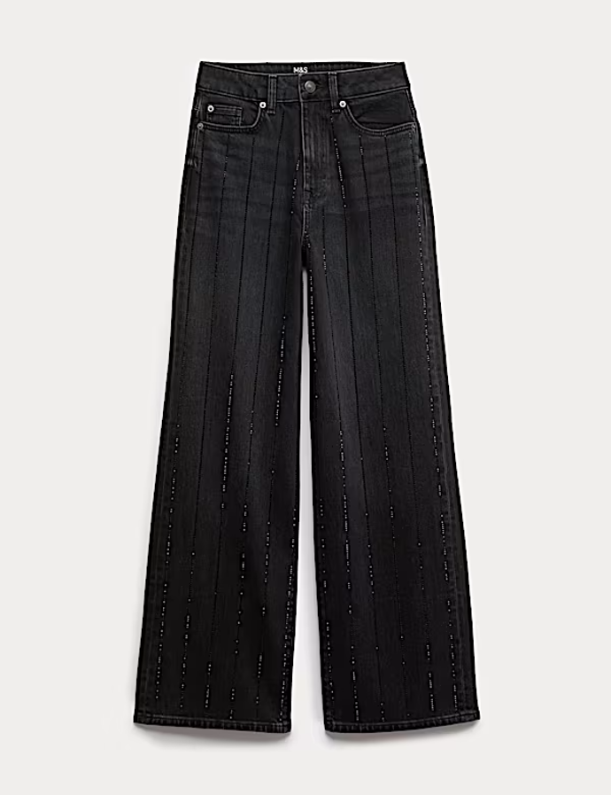 Džíny s vysokým pasem a širokými nohavicemi zdobené třpytivým pruhem, Marks&Spencer, 2099 Kč