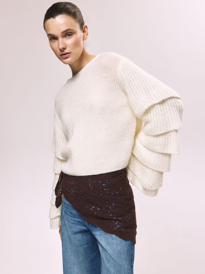 Ažurový šátek s dírkami krásně kontrastuje s úpletem i džínovinou.