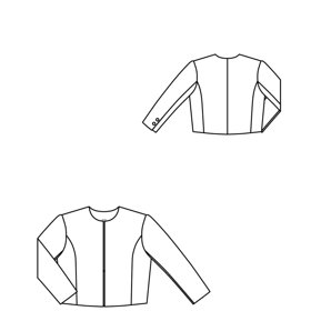 Základ modelu tvoří červený spencer kabátek, který se vyznačuje krátkým střihem, zvýrazněnými rameny a zkárcenými rukávy.