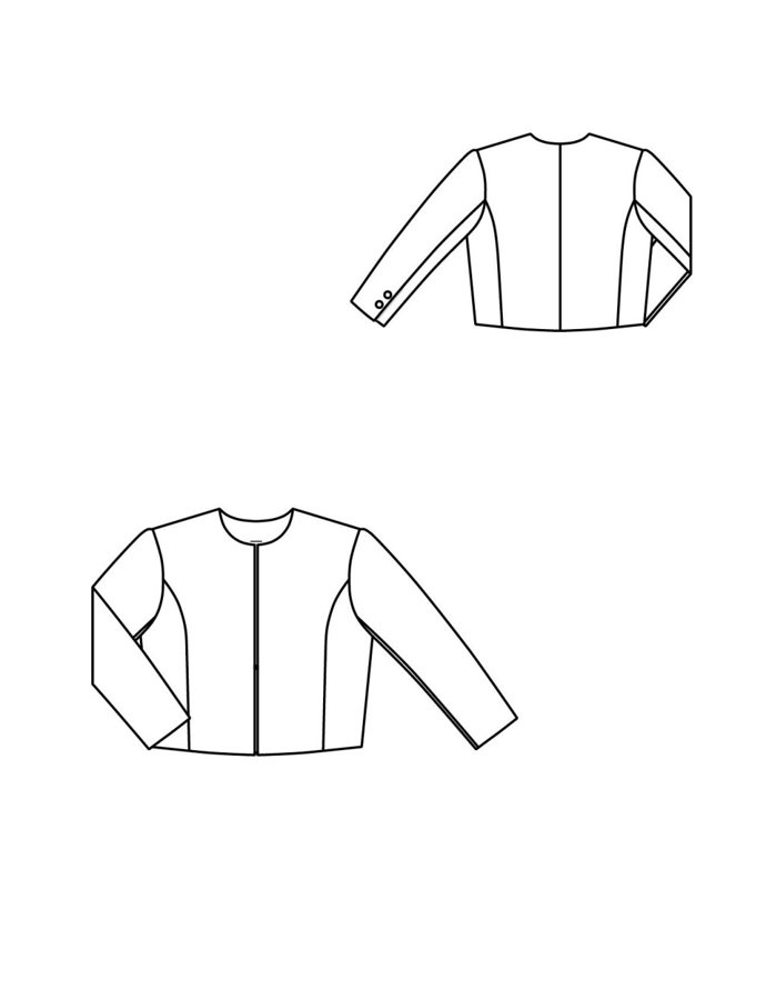 Základ modelu tvoří červený spencer kabátek, který se vyznačuje krátkým střihem, zvýrazněnými rameny a zkárcenými rukávy.