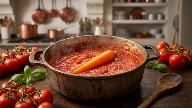 Nechte cukřenku v komoře: Jedna celá mrkev v hrnci vytáhne kyselost a vytvoří chuť, kterou italské kuchařky