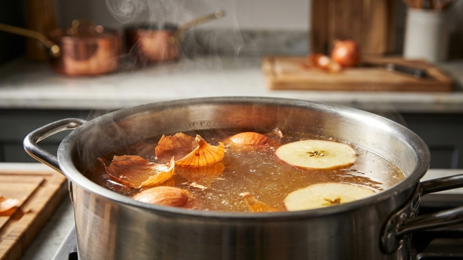Jak na tmavý a silný vývar? Použijte slupky z cibule a jablko