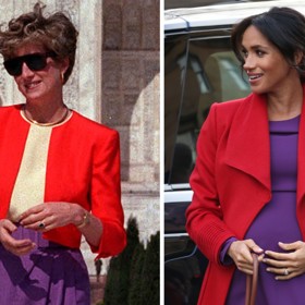 Kombinace červené a fialové je trendy i letos, ve svých outfitech ji zapojuje i Meghan Markle.