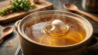 Vhoďte do hovězího vývaru jeden neloupaný žampion: Tato finta šéfkuchařů vykouzlí barvu tekutého jantaru a hloubku chuti, kterou pouhá zelenina nezvládne