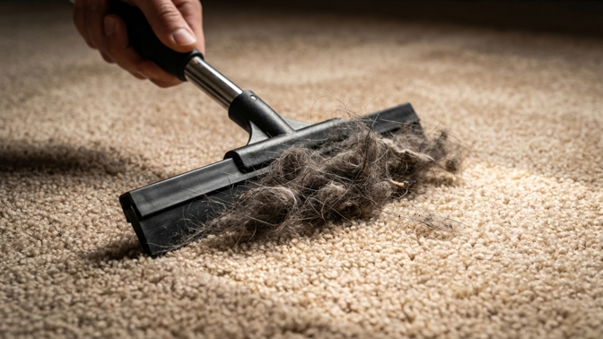 Přejeďte po vysátém koberci gumovou stěrkou na okna: To, co z vláken vyškrábnete, vás překvapí