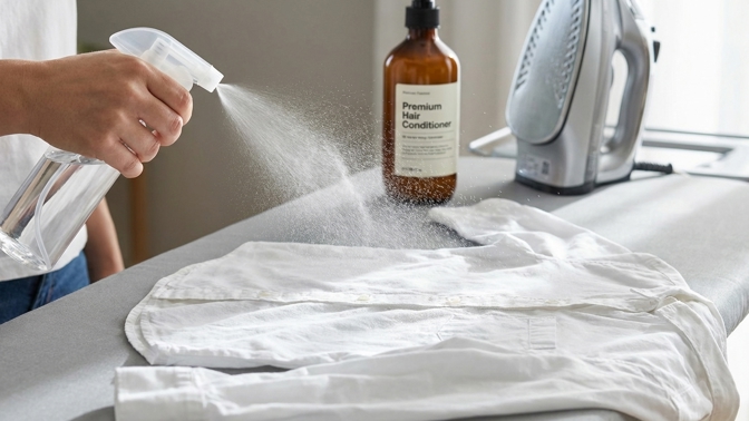 Vlasový kondicionér u žehlicího prkna není omyl: Tento trik vyrovná i tu nejvíce zmačkanou košili v rekordním čase