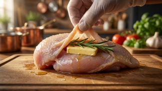 Nadzvedněte kuřeti kůži a vsuňte pod ni tento plátek: Tato bariéra v mase uzamkne veškerou vlhkost a zajistí šťavnatost, kterou pocítíte hned po prvním soustu