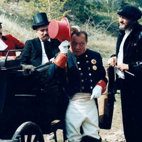 snímek z filmu Tři veteráni (Petr Čepek, Josef Somr, Rudolf Hrušínský, Milan Lasica)