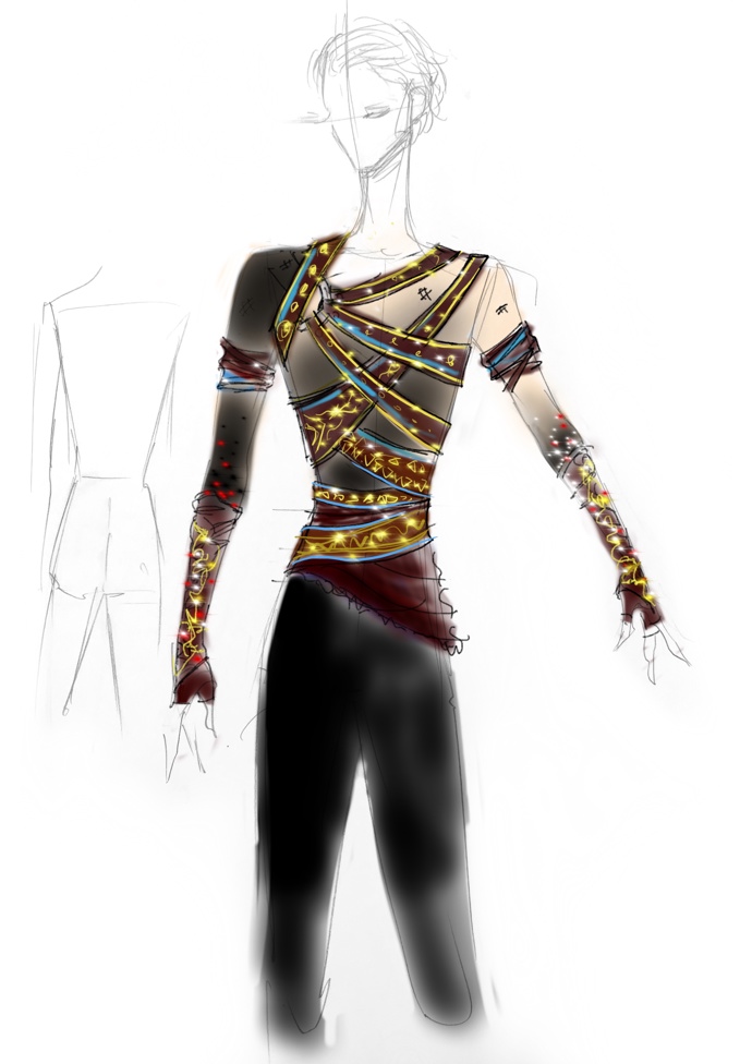 Druhý kostým s prvním návrhem propojuje opětovné použití materiálů v těloýchh barvách, a také výrazné ozdobení koženými pásky