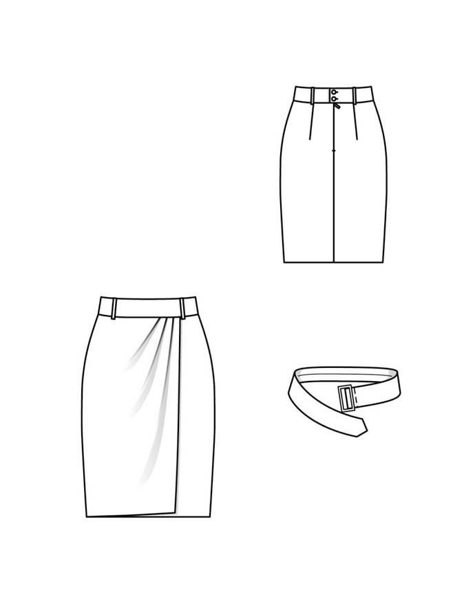 Na sukni je potřeba zvolit pevnější látku. Tři šikmé, hluboké záhyby v pase vytvářejí působivý efekt zavinování, zatímco široký opasek s potaženou sponou podtrhuje křivky