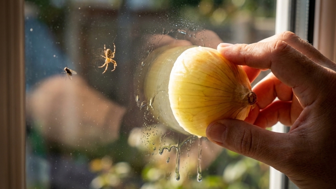 Potřete okna i rámy rozkrojenou cibulí: Tento trik vytvoří neviditelný film, který odpuzuje mouchy i komáry