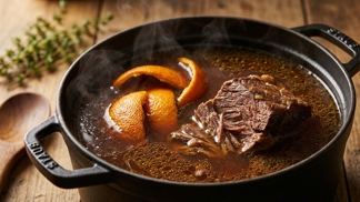Vhoďte k hovězímu masu tři kousky sušené pomerančové kůry: Tato provensálská finta okamžitě rozloží tuhá vlákna a vykouzlí vývar sytý jako jantar