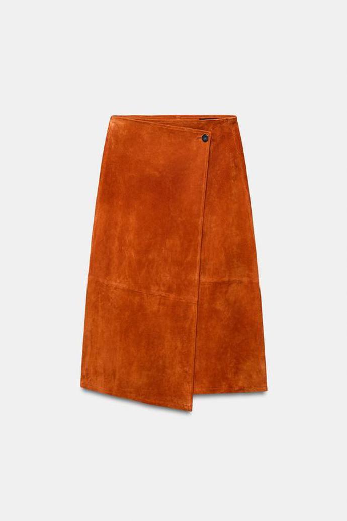 Midi sukně s křížením ze 100% semišové kůže, Zara, 1999 Kč