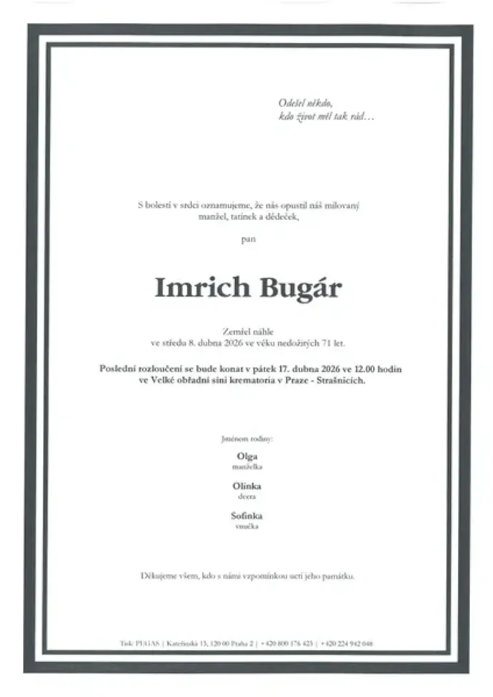 Smuteční parte Imricha Bugára. 