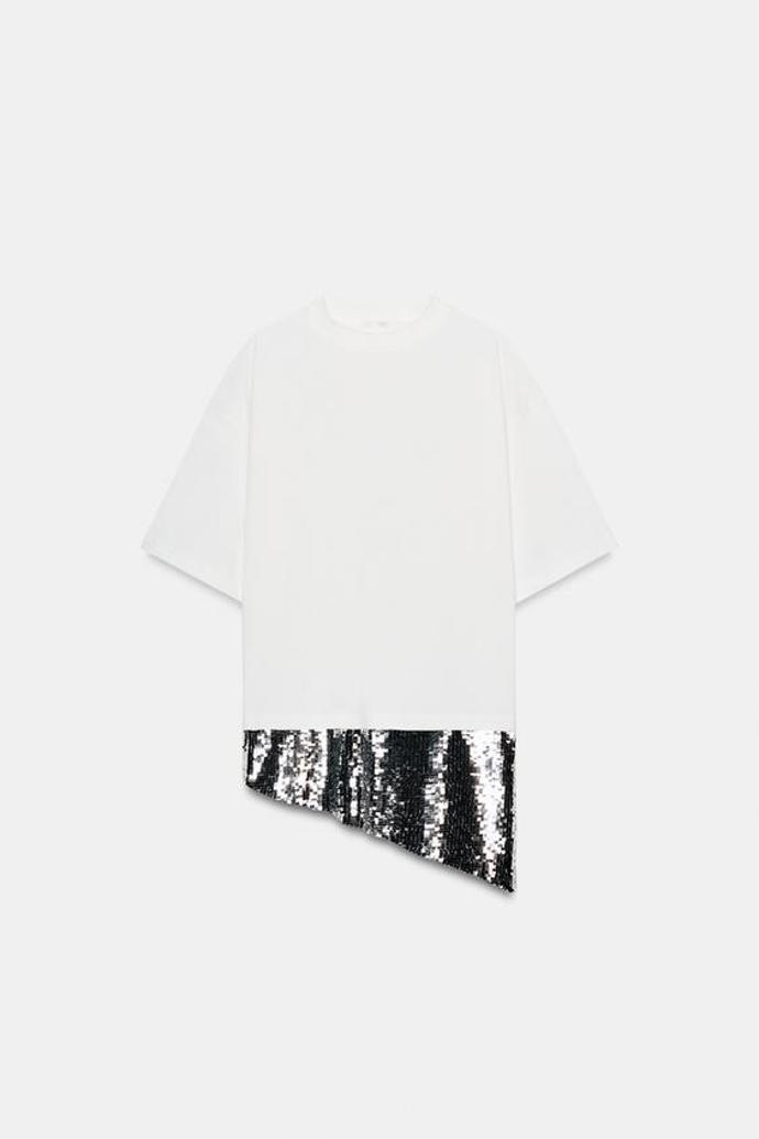 Asymetrické tričko s flitry, Zara, 799 Kč
