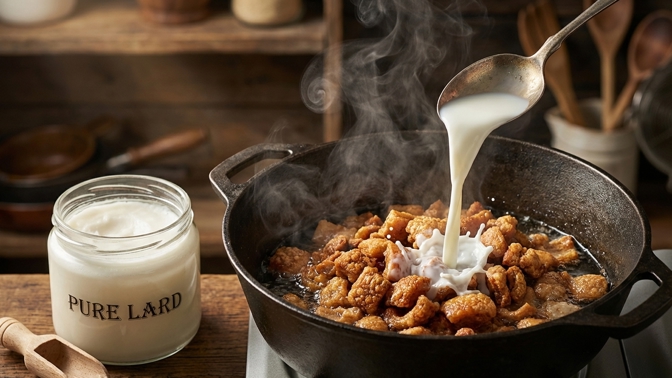 Křupavé škvarky a sněhobílé sádlo: Stačí pár lžic mléka v pravý čas