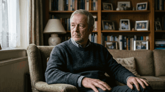 sedí v křesle, smutný