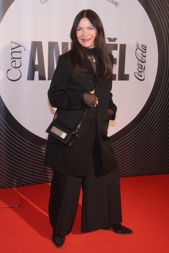 Anna K oblékla jednoduchý kalhotový kostým s extra širokými nohavicemi. 