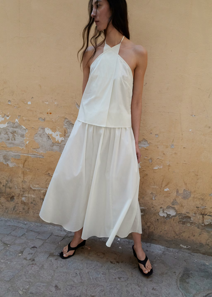 Pruhovaný top halter a áčková sukně z bavlny, Mango, top 799 Kč, sukně 999 Kč