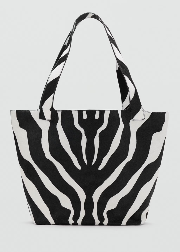 Kožená kabelka tote s kožešinovým detailem, Mango, 4999 Kč