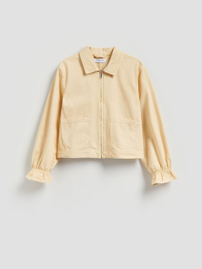 Džínová bunda s límečkem a nabíranými rukávy, Reserved, 859 Kč