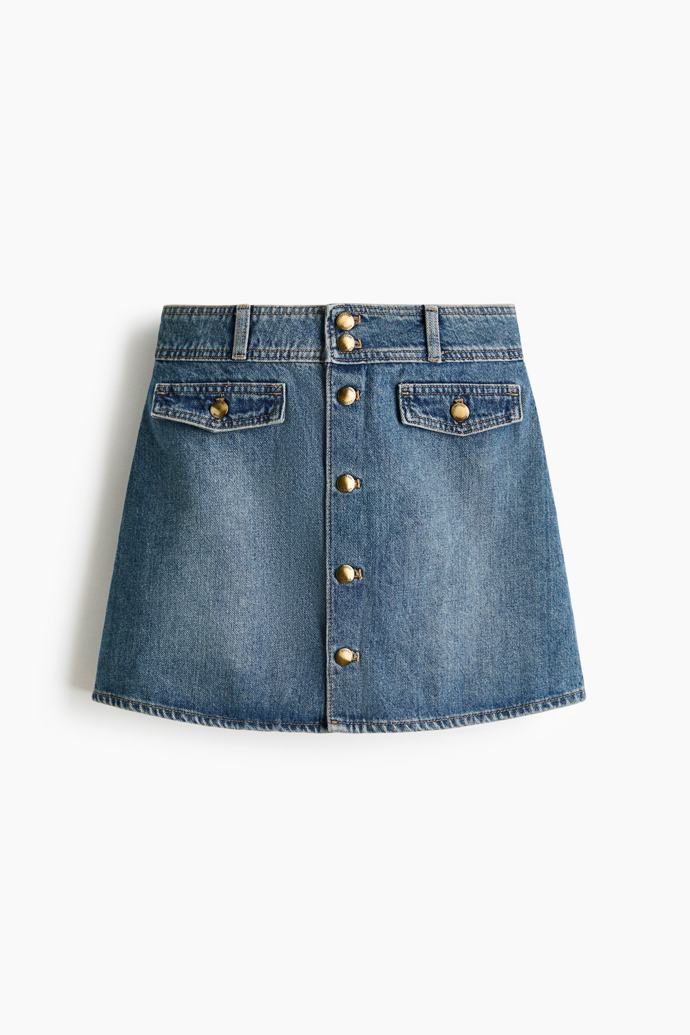 Džínová minisukně áčkového střihu, H&M, 619 Kč