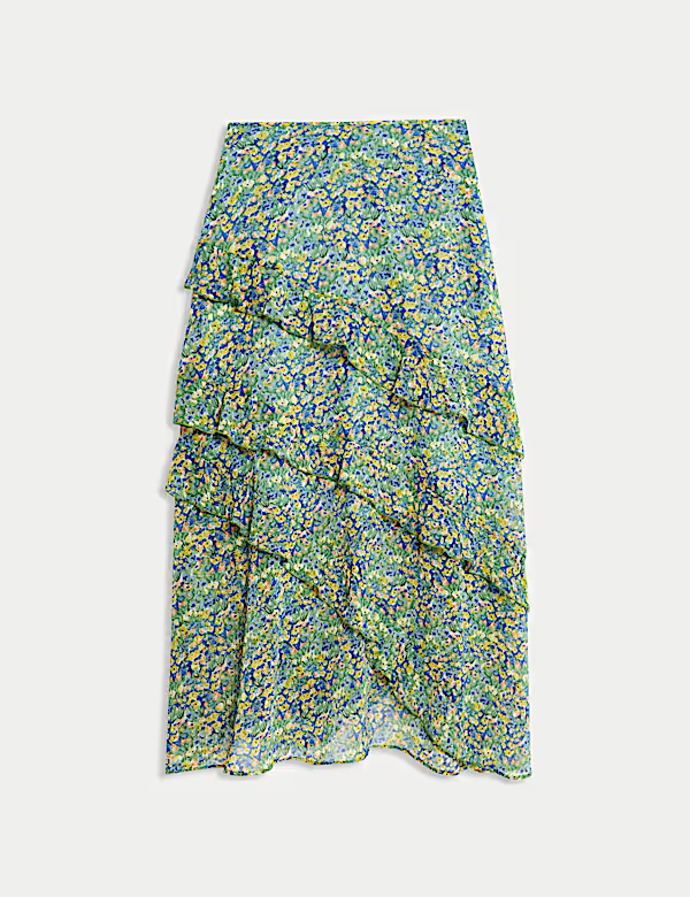 Květovaná vrstvená midi sukně s řasením, Marks&Spencer, 1799 Kč